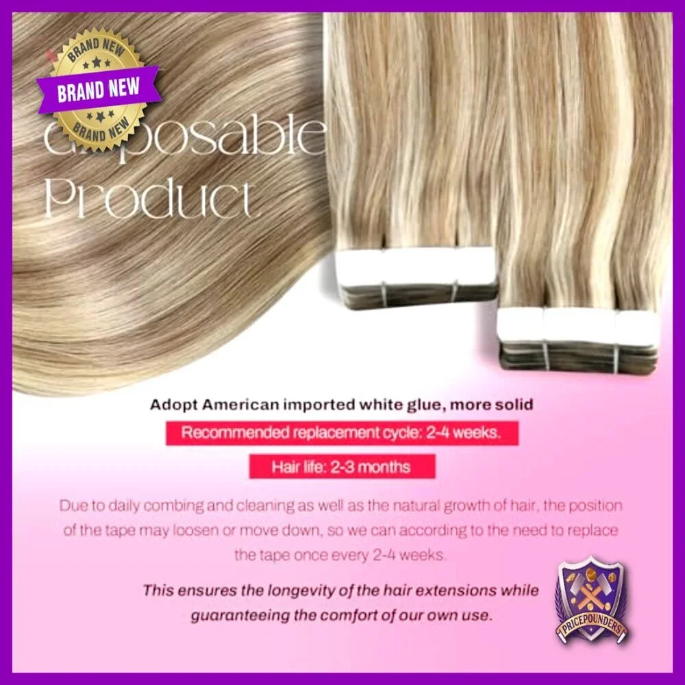 18 Inch Human Hair Tape-In Extensions, Seamless Skin Weft, 20 Pieces